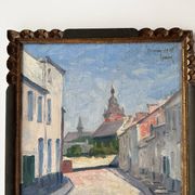 Oil on canvas of a French village "Bavay" 1928, landscape signed and framed.