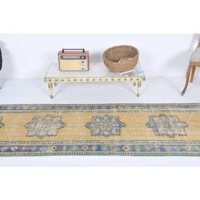 Vintage Turkish hand-knotted wool cotton yellow runner 78x340