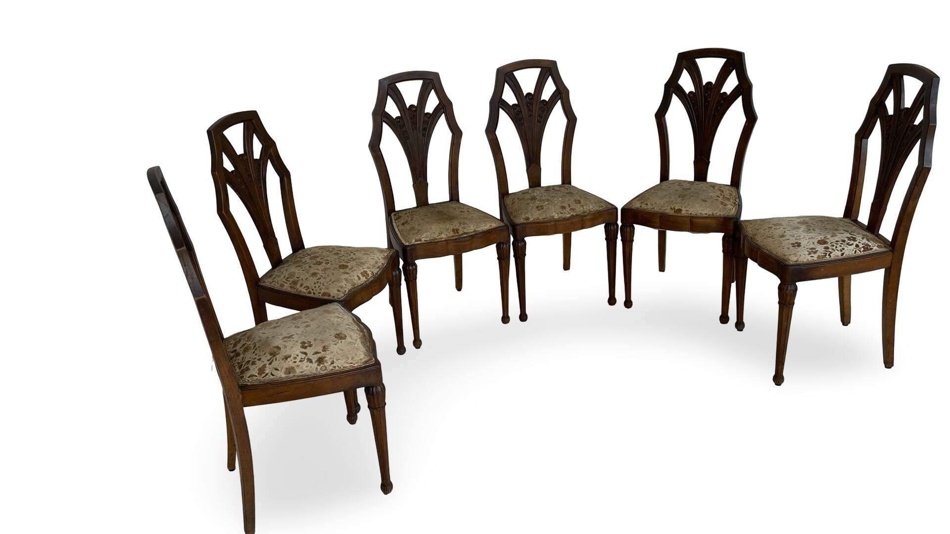 Ensemble de 6 chaises de salle à manger en noyer sculpté Art Déco, années 1920/1930