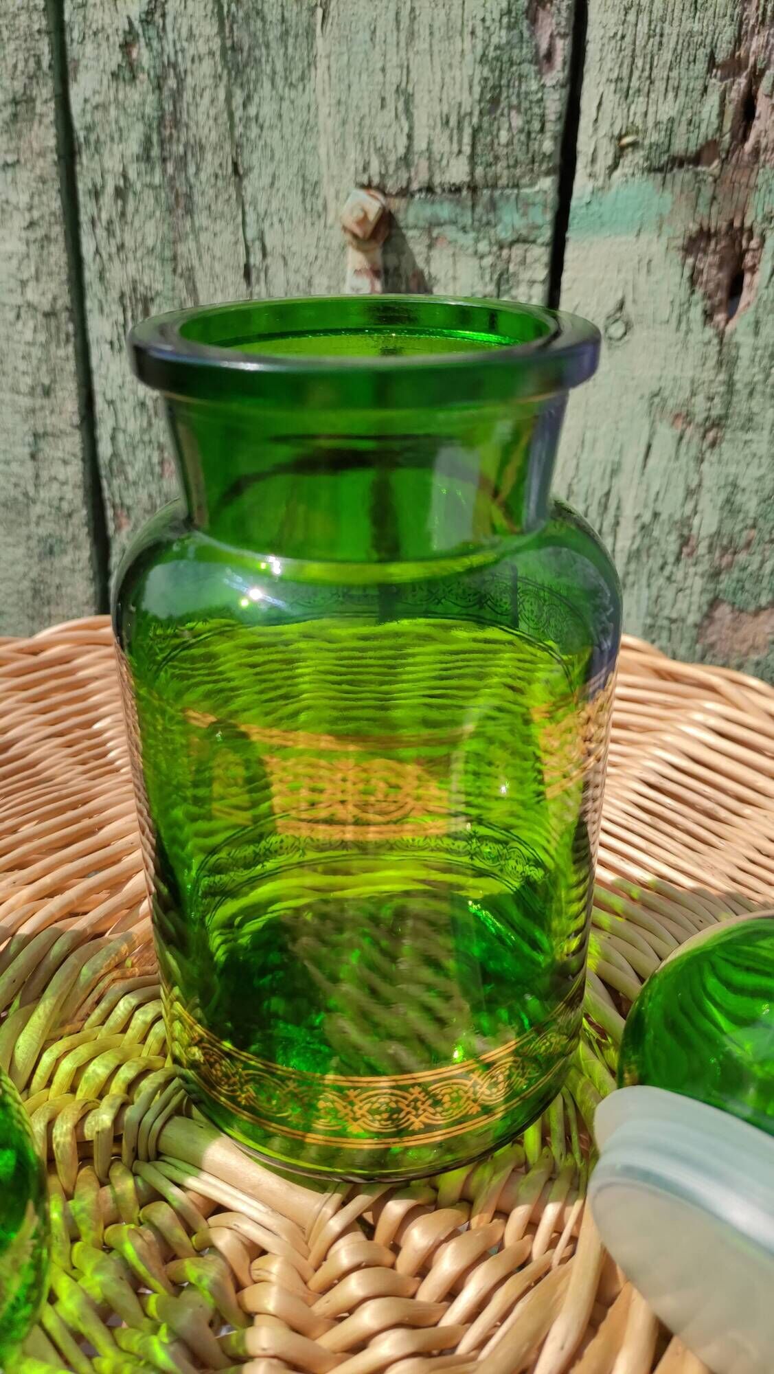 Duo of pots and jars apothecary style in green glass.