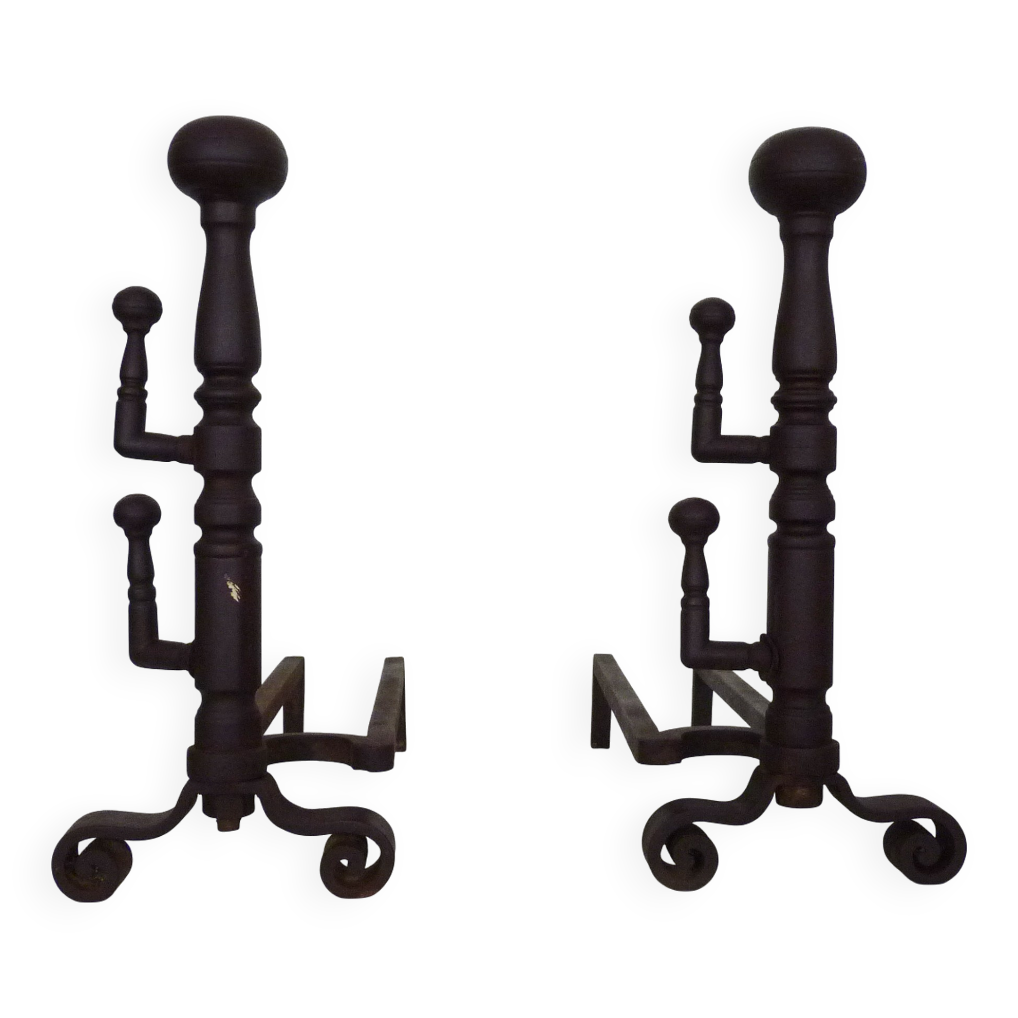 Large pair of wrought iron fireplace andirons. France, 19th century.