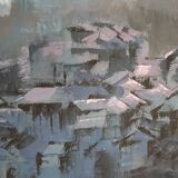 oil on canvas painting of a Chinese mountain village