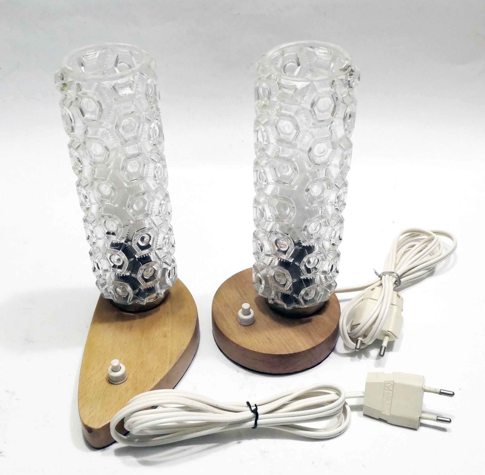 Pair of matching bedsides in light wood and 1960s glass