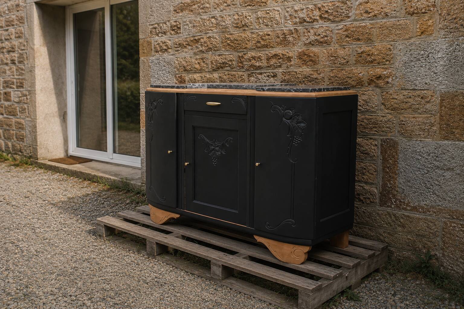 Art Deco buffet with 3 doors in black – Original marble