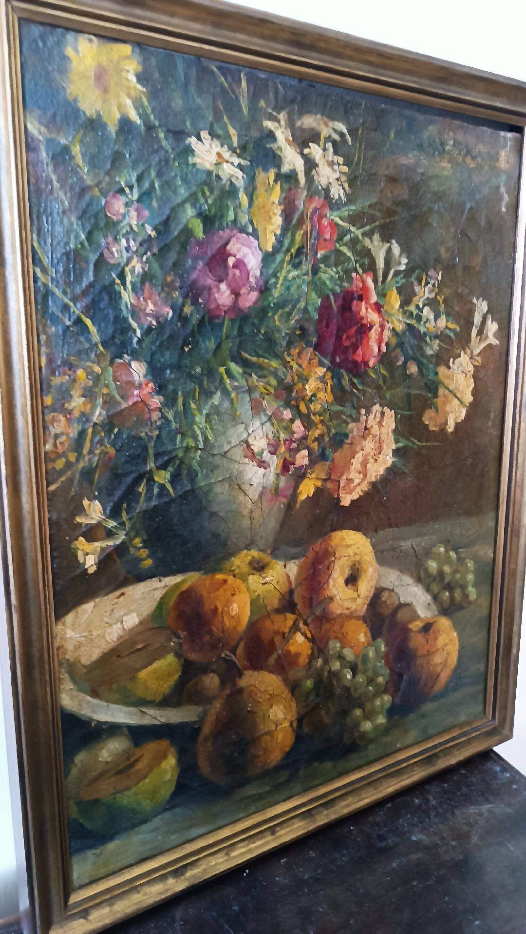 19th century oil painting on canvas fruit vase with flowers