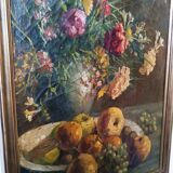 19th century oil painting on canvas fruit vase with flowers