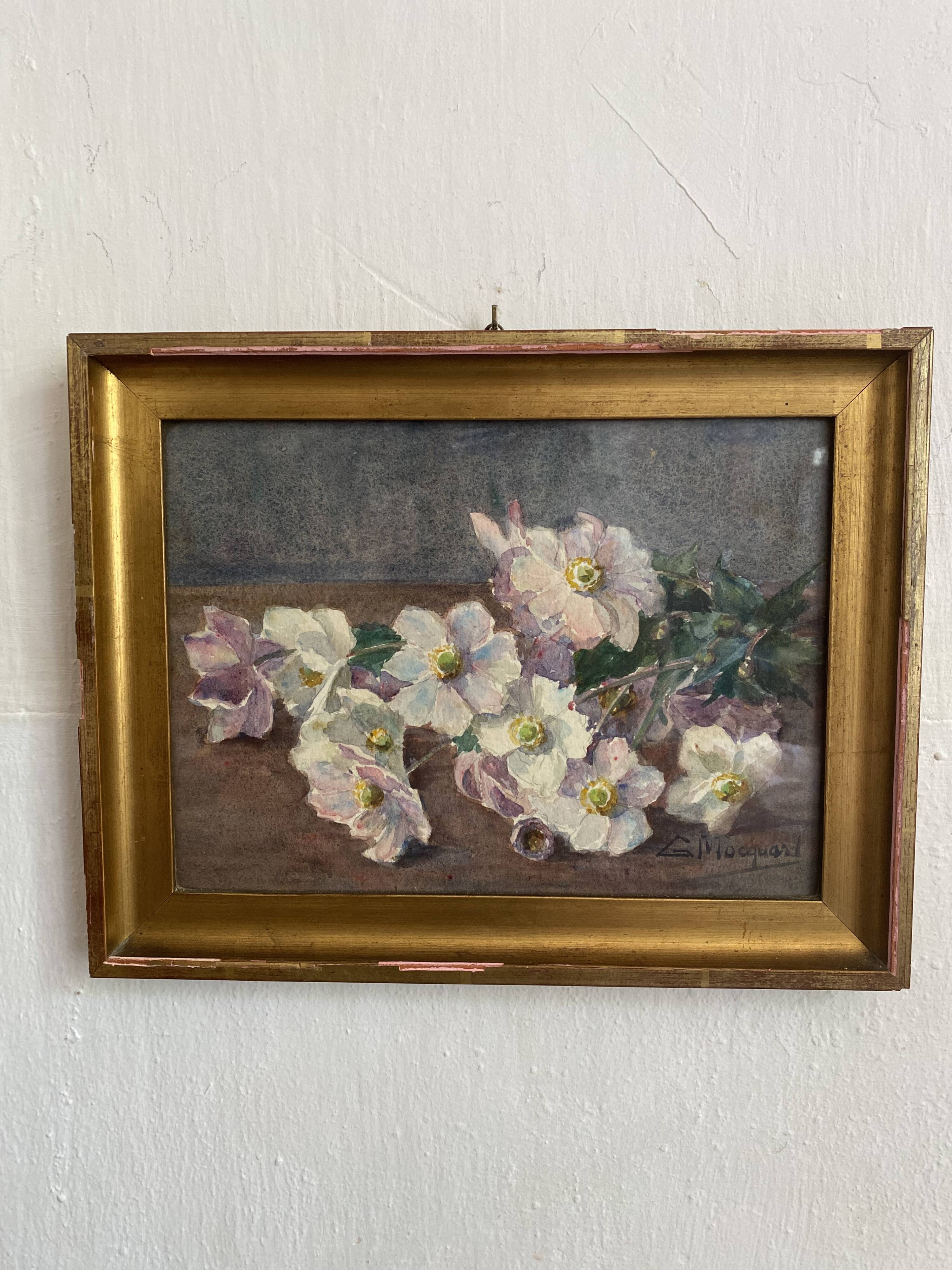 Aquarelle fleurs d'hellébores encadrée G. Mocquart