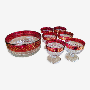 Fruit salad set in pink and gold glass