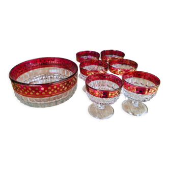 Fruit salad set in pink and gold glass