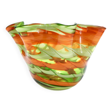 Green and Orange Murano Glass Fazzoletto Vase by Fratelli Toso, Italy