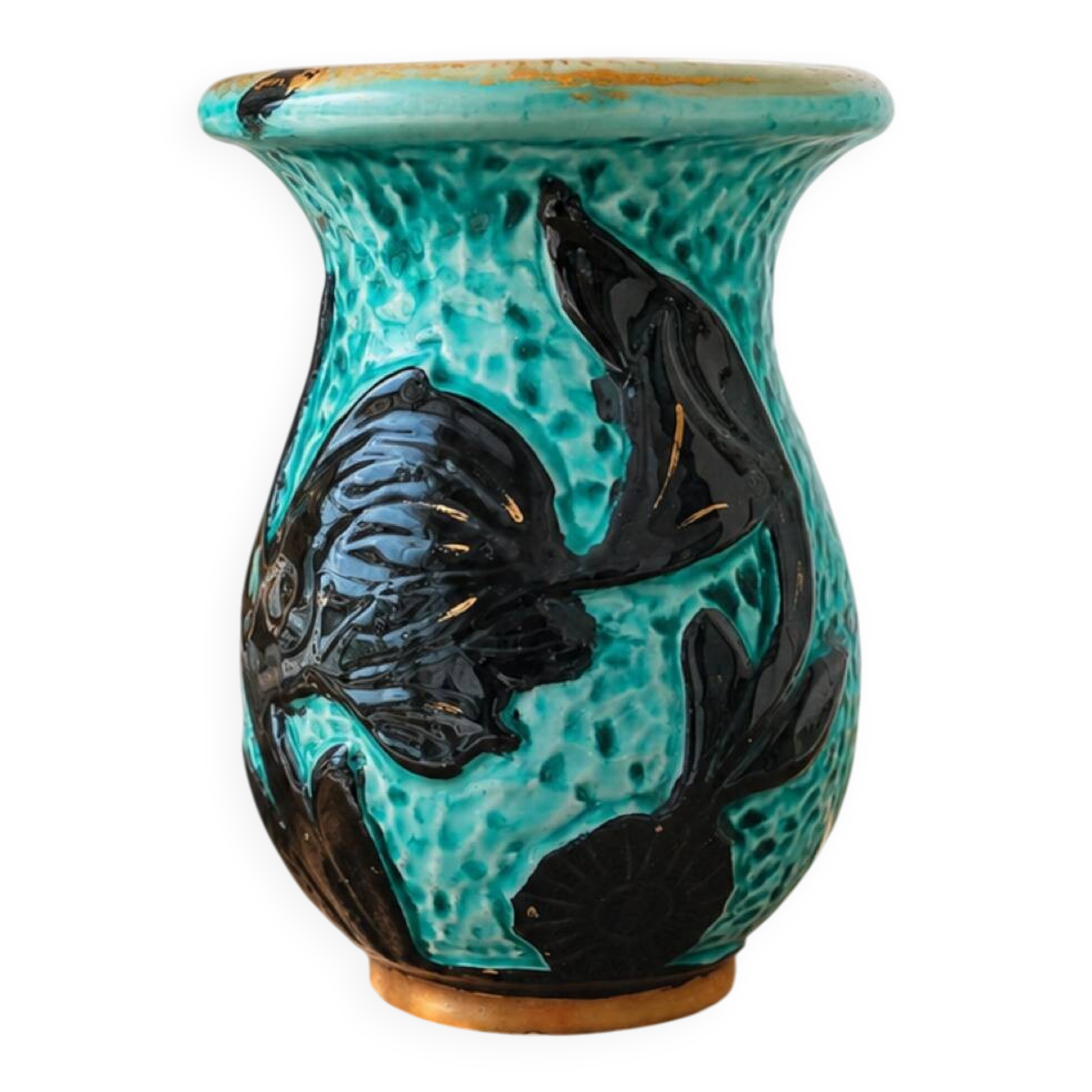 Vintage ceramic vase from Vallauris, 1950s-60s, turquoise and black.