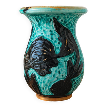 Vintage ceramic vase from Vallauris, 1950s-60s, turquoise and black.