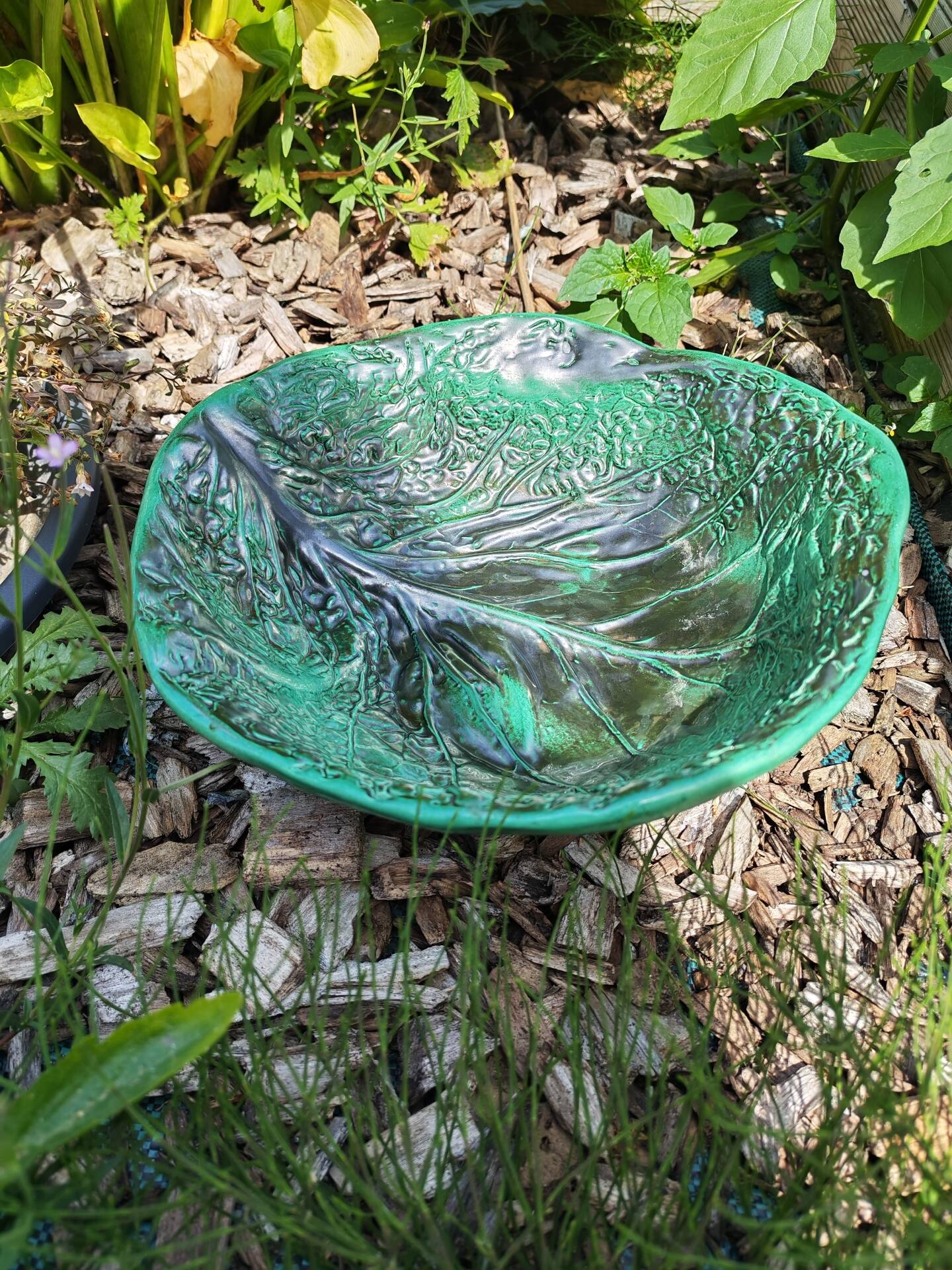 Vintage cabbage leaf earthenware salad bowl