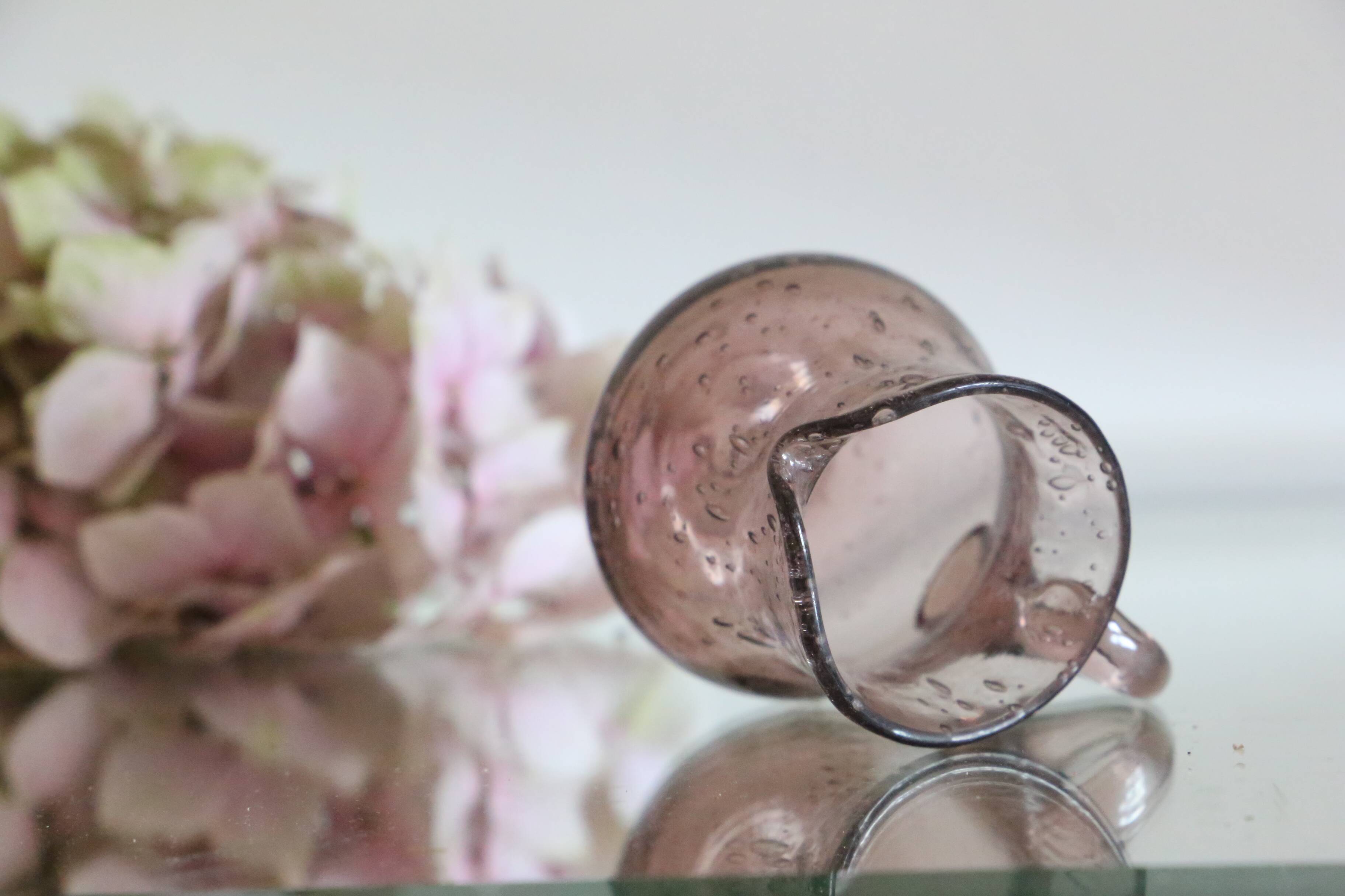 Milk jug, creamer, Biot in bubbled glass, handcrafted, purple, vintage