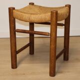 Vintage stool in solid oak and straw, 1960s