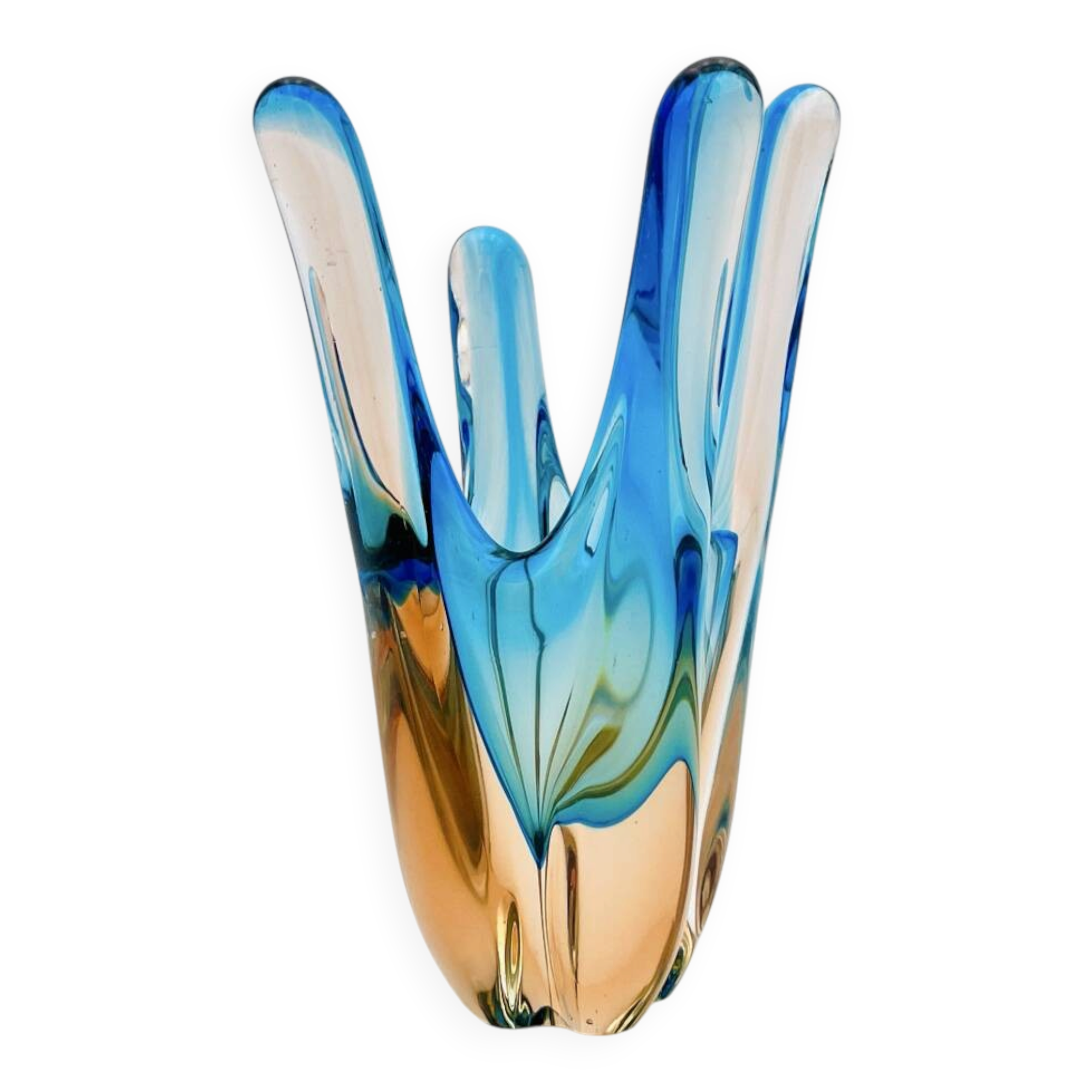 Murano Sommerso Blue Turquoise & Amber Vase Sculpture with 4 Branches 19.5cm