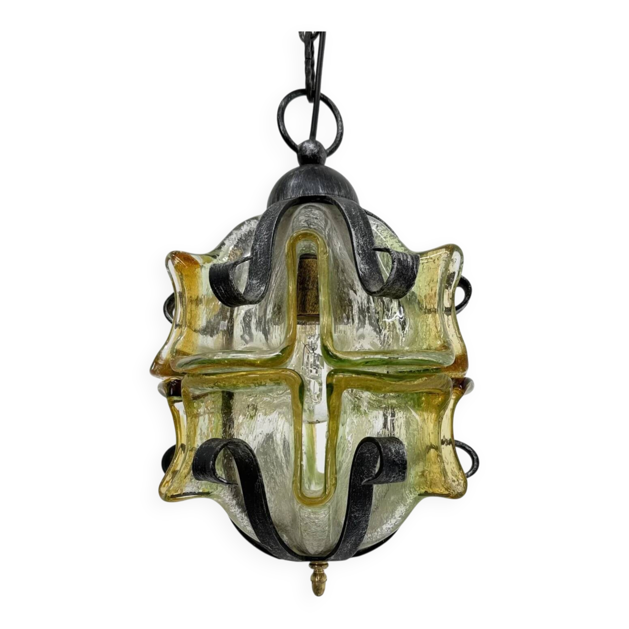 Brutalist glass and iron hanging lamp, 1970s