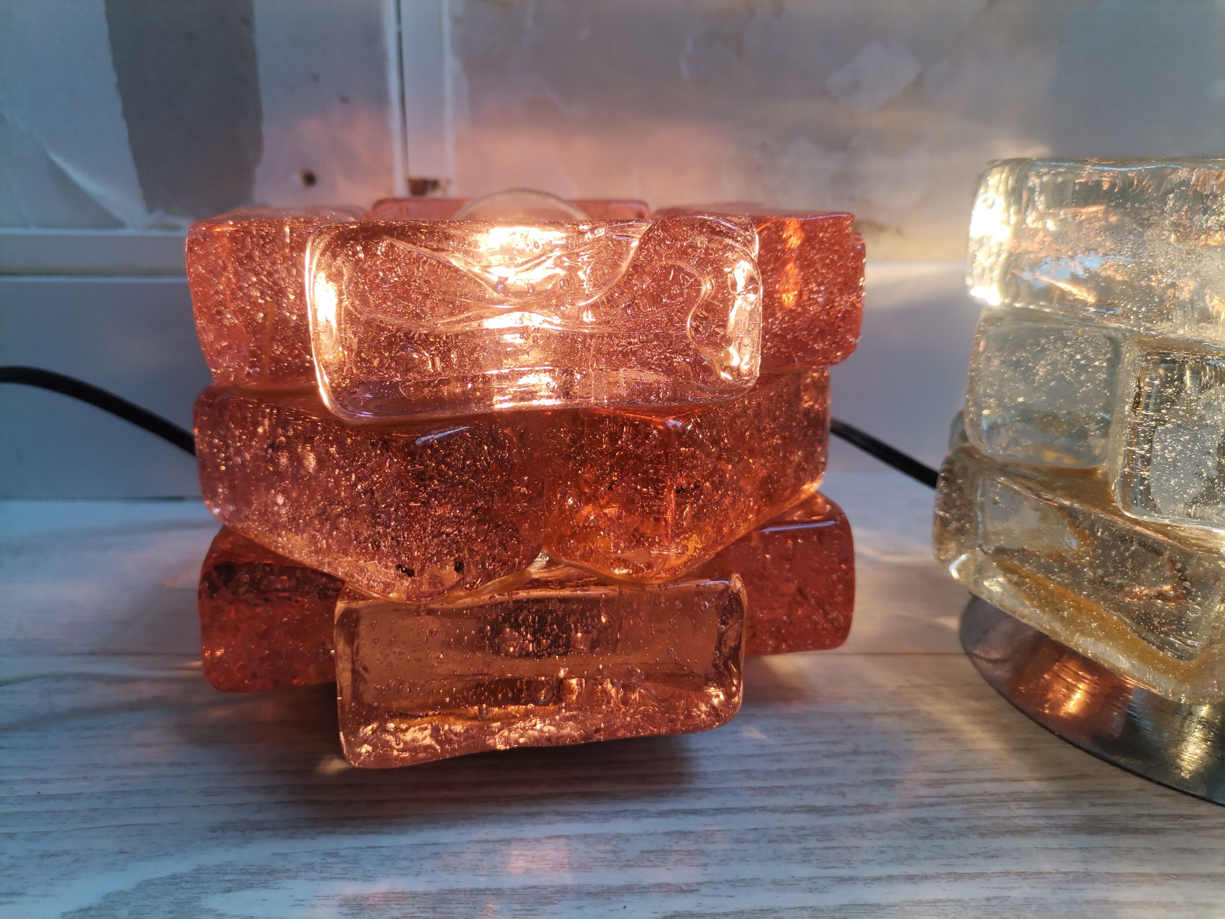 Brutalist solid bubble glass clear and red table lamps 1960s, set of 2