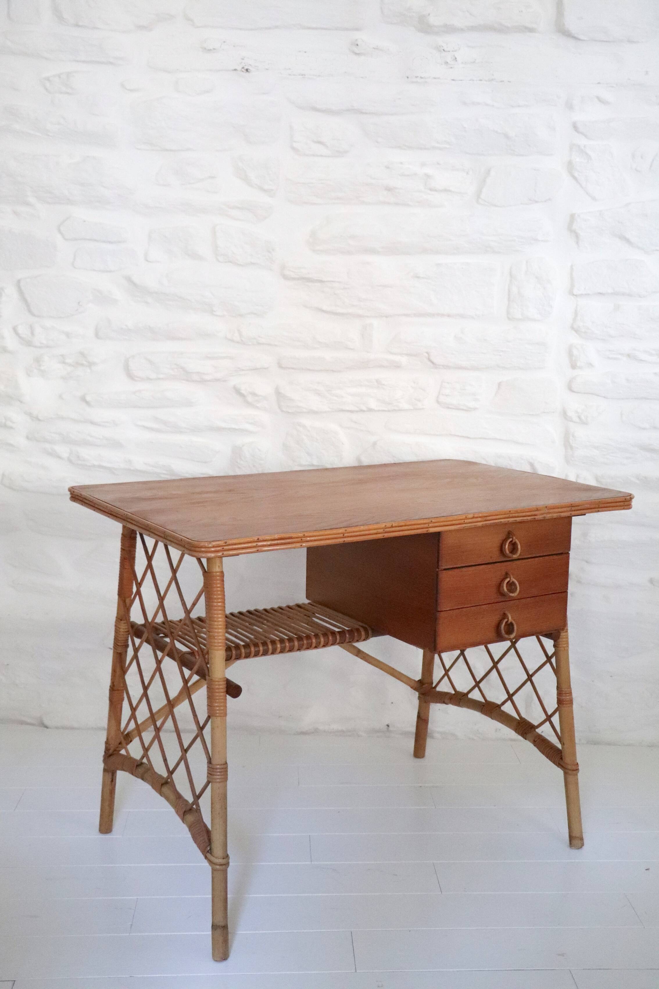Desk and chair in rattan, Louis Sognot, 1950s-1960s.