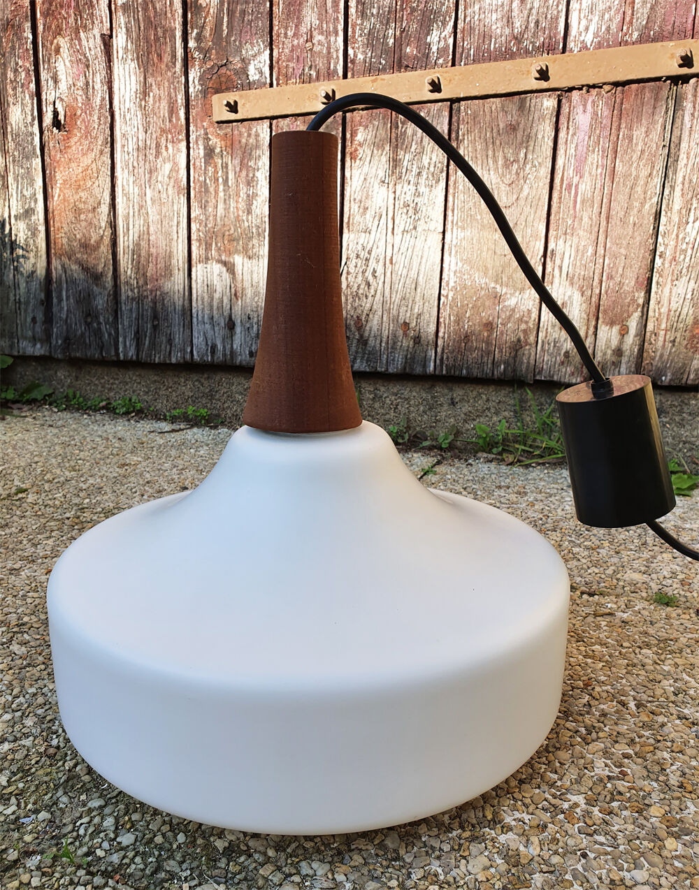 Scandinavian vintage suspension, 60s, teak and opaline