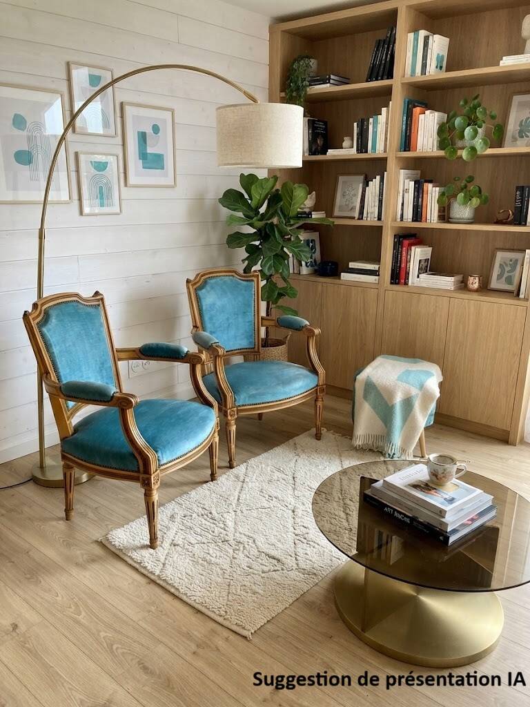 Pair of Louis XVI vintage cabriolet armchairs in duck blue velvet and wood.