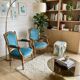 Pair of Louis XVI vintage cabriolet armchairs in duck blue velvet and wood.