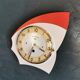 Vintage formica clock silent asymmetrical wall pendulum "BC Paris white red"