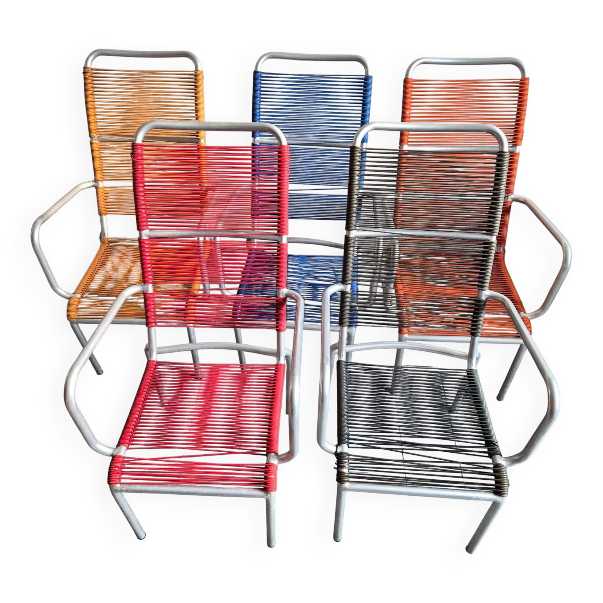 Set of 5 vintage scoubidou armchairs 1950 in aluminium & plastic wire 50
