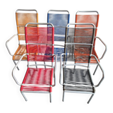 Set of 5 vintage scoubidou armchairs 1950 in aluminium & plastic wire 50