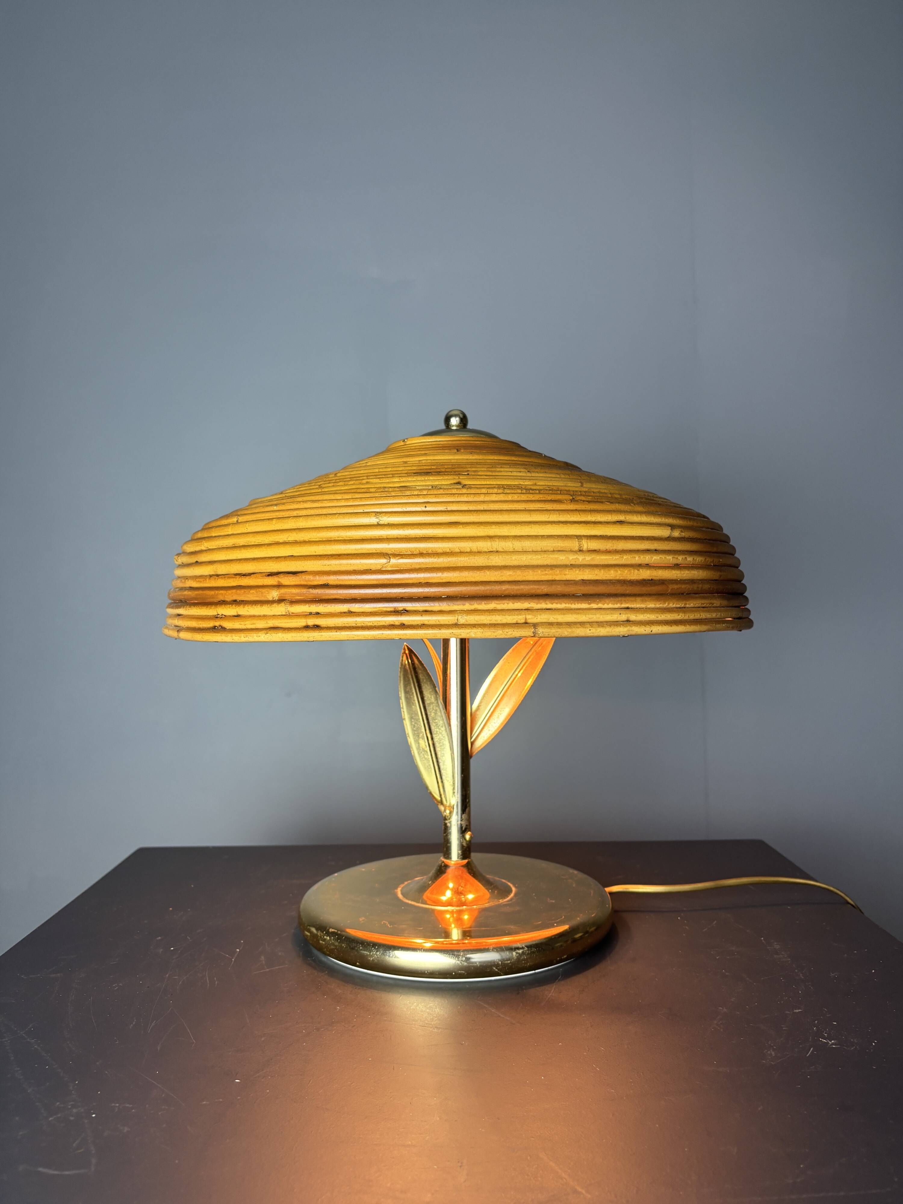 Pencil reed rattan bamboo and brass flower table desk lamp, Italy, 1980s