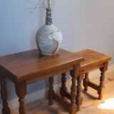 2 solid wood trundle tables, turned legs 80