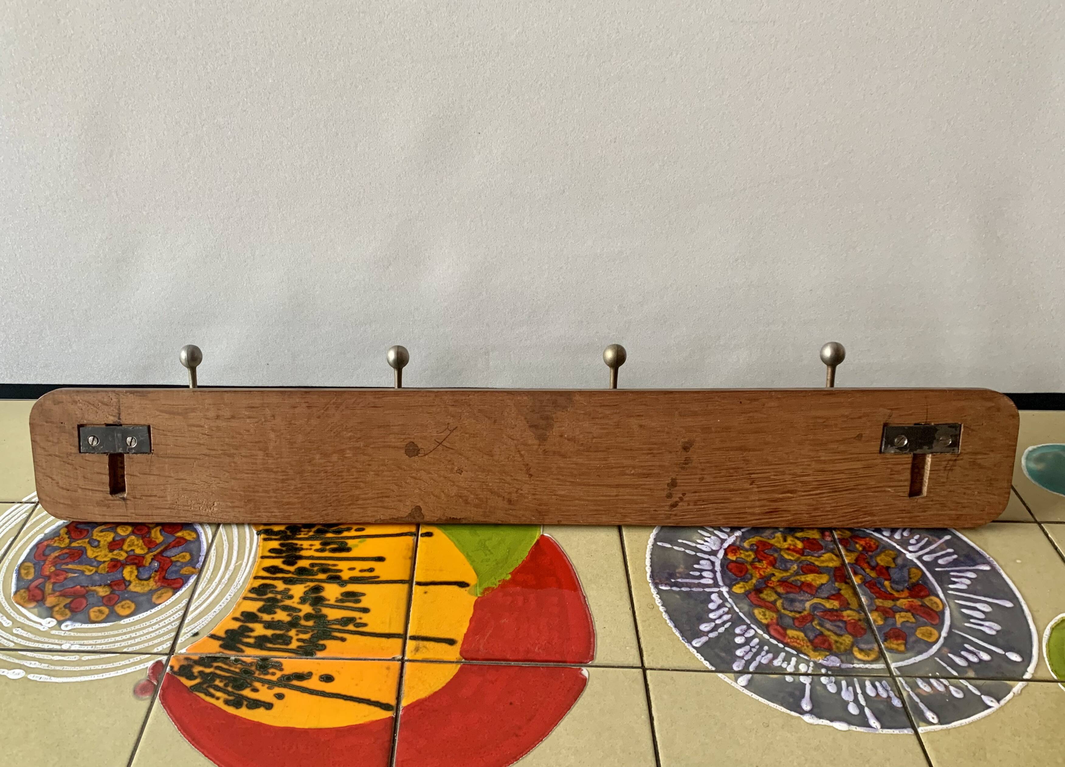 Vintage wooden wall coat rack - 4 steel hooks