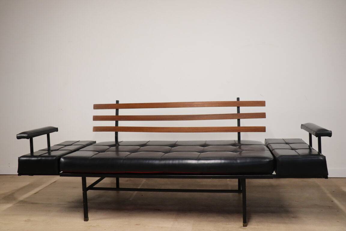 Vintage "Daybed" sofa bench in metal and imitation leather, 1950