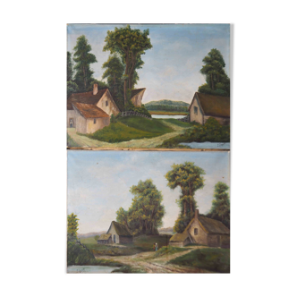 Pair of paintings landscape school of barbison signed p. duport - 1913