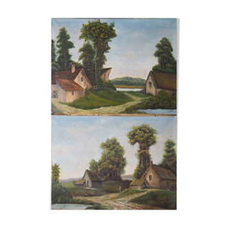 Paire de tableaux paysage école de Barbizon signés P. Duport - 1913