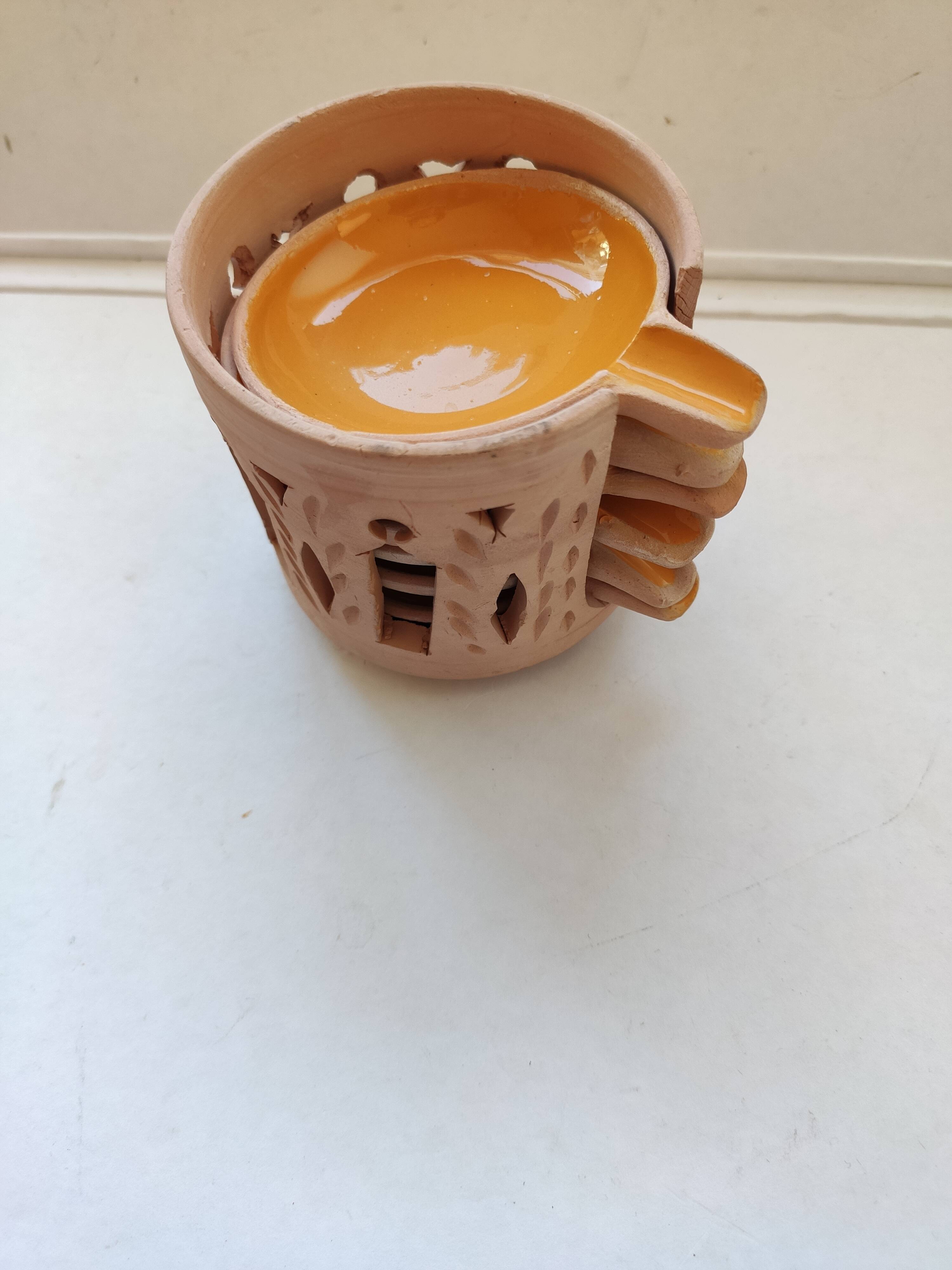 Set of 6 individual table ashtrays in ethnic yellow orange enamelled earthenware