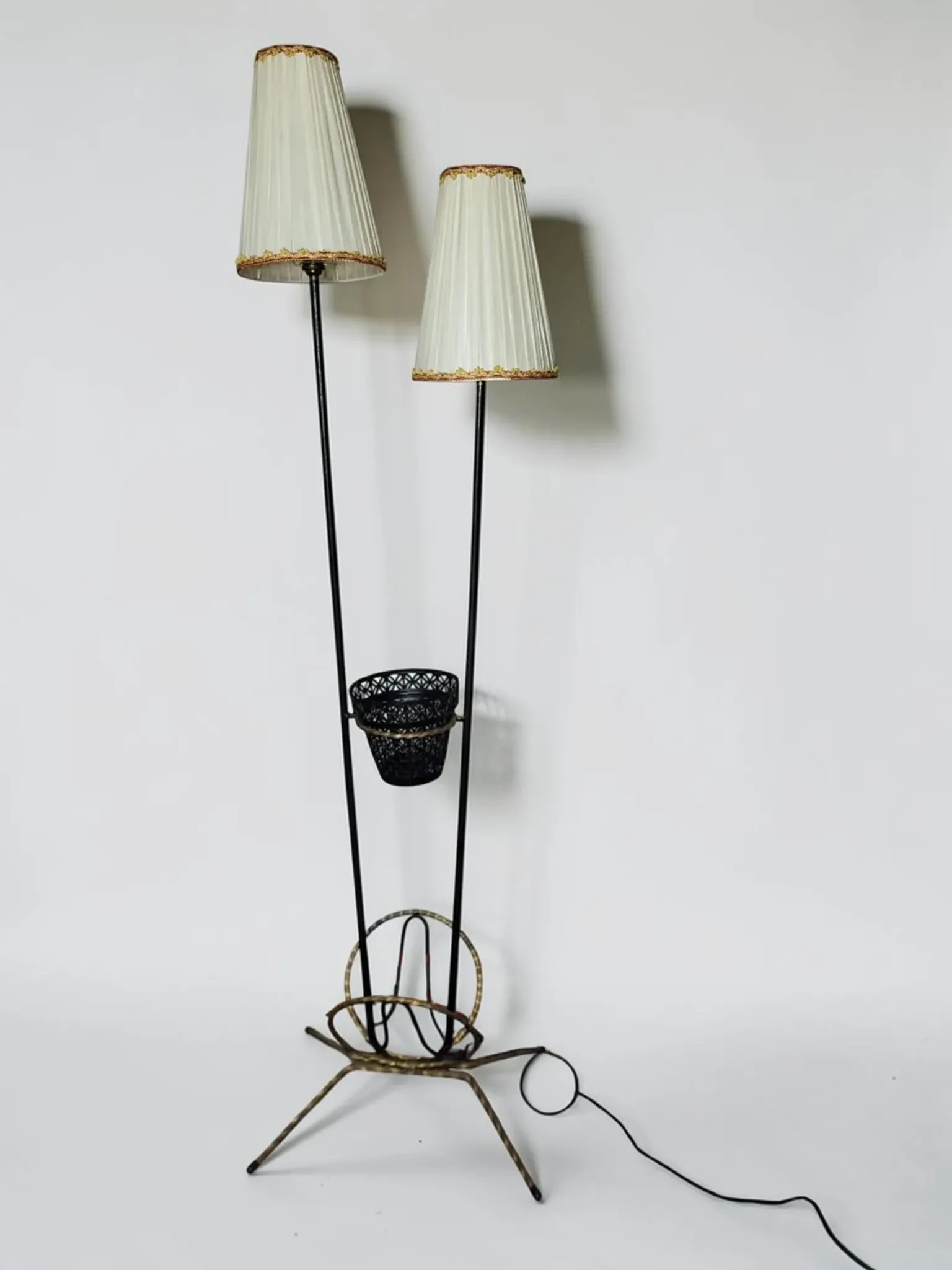 Wrought iron magazine rack floor lamp 1950s
