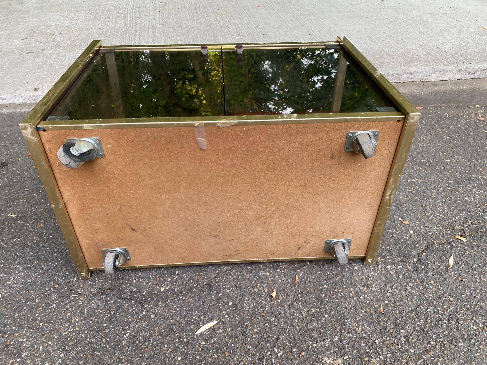 Vintage 70s TV cabinet Hi-Fi brass smoked glass on wheels Hollywood Reg