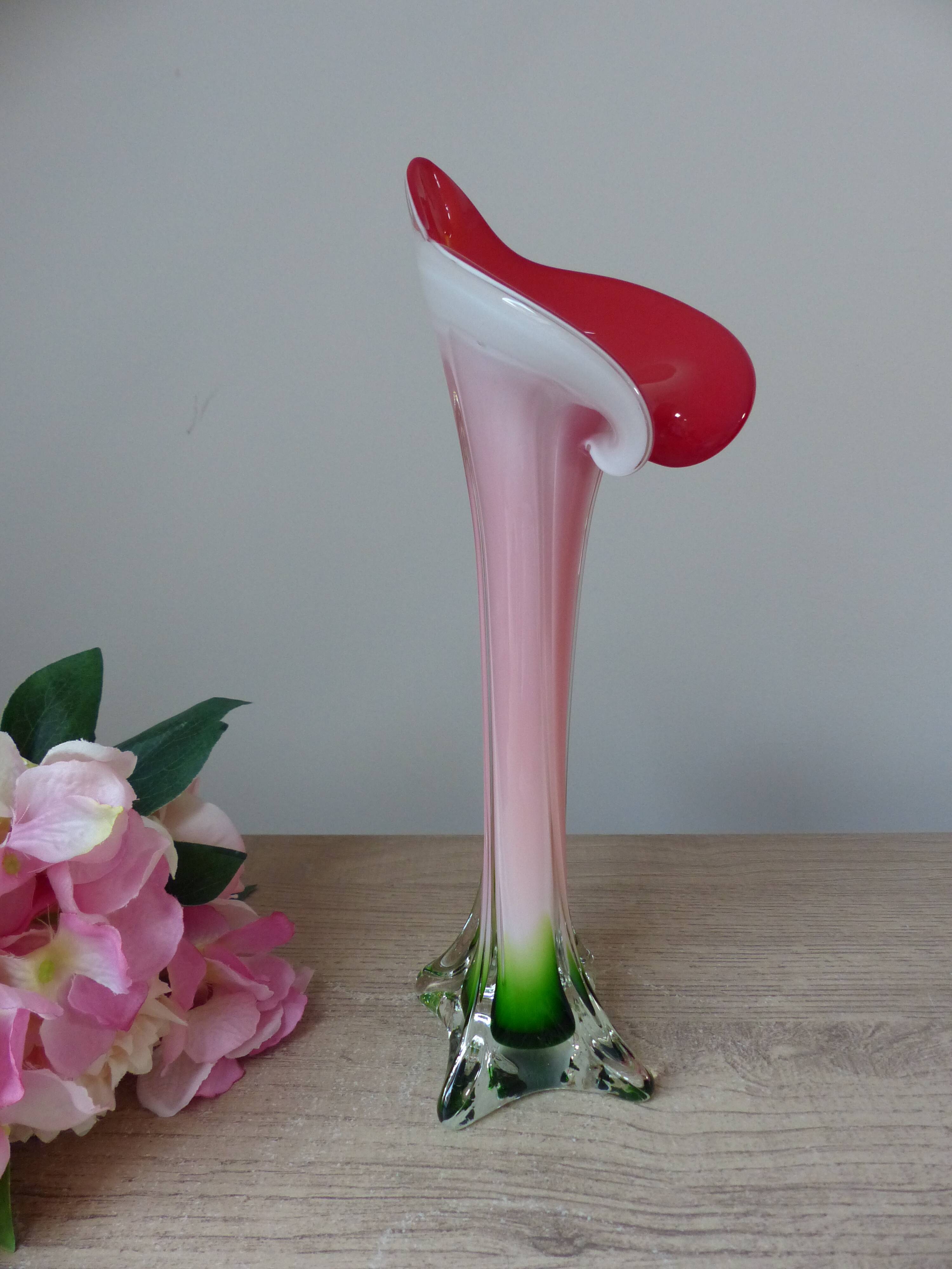 Vintage coloured blown glass vase in the shape of a calla lily.