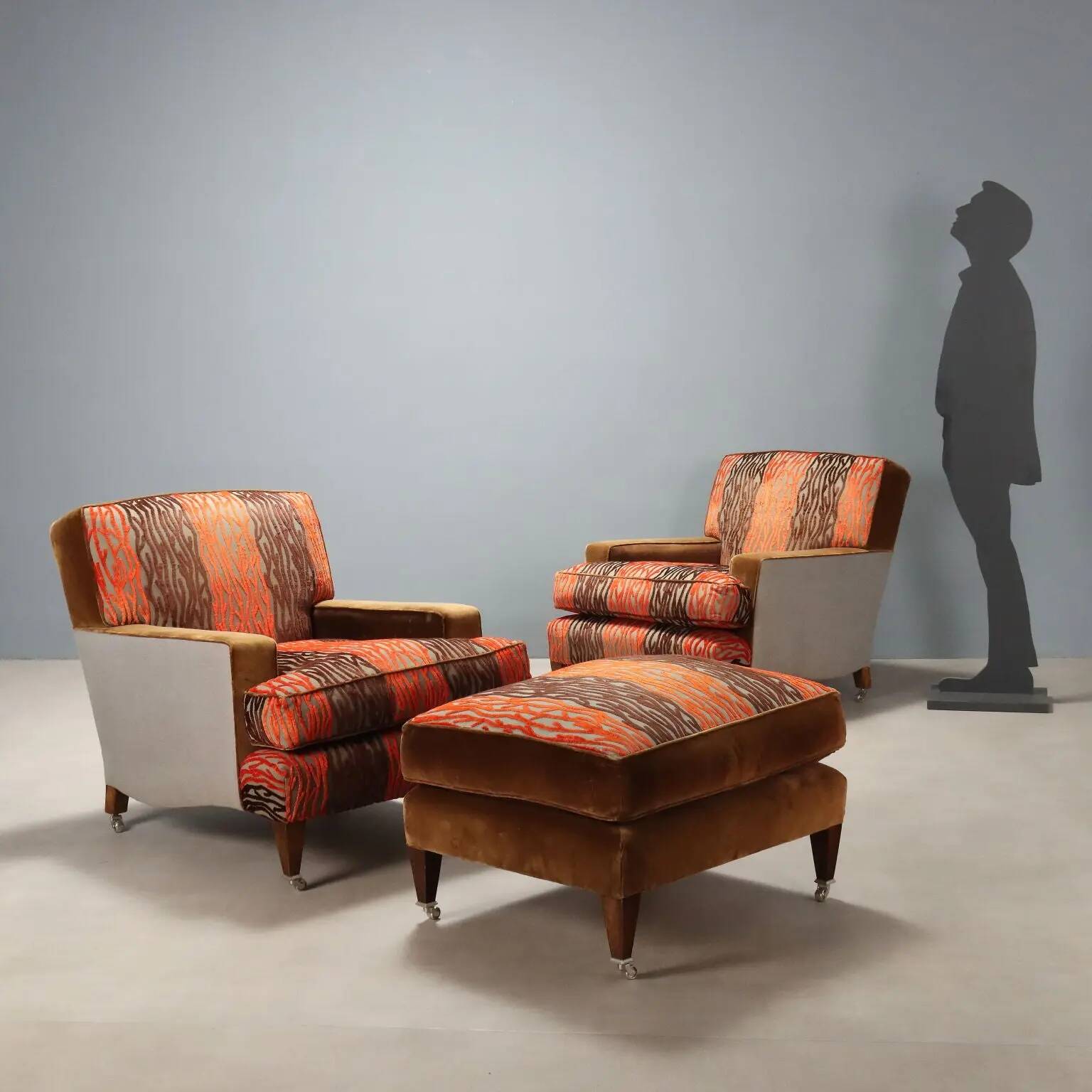 Pair of antique armchairs with velvet and fabric poufs, Italy, 20th century