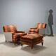 Pair of antique armchairs with velvet and fabric poufs, Italy, 20th century