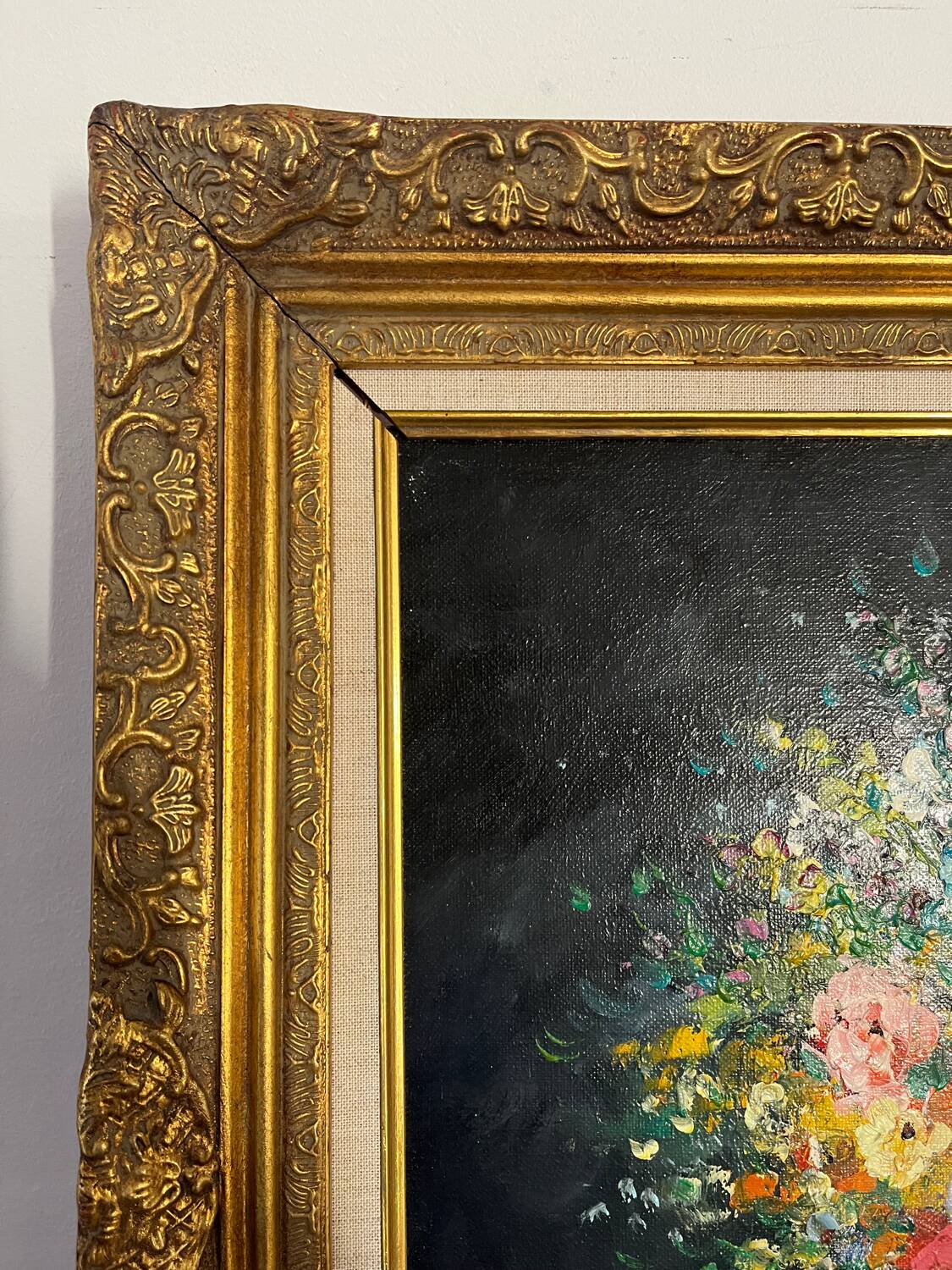 Framed bouquet of flowers, oil on canvas signed R Mogisse.