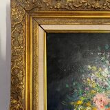 Framed bouquet of flowers, oil on canvas signed R Mogisse.