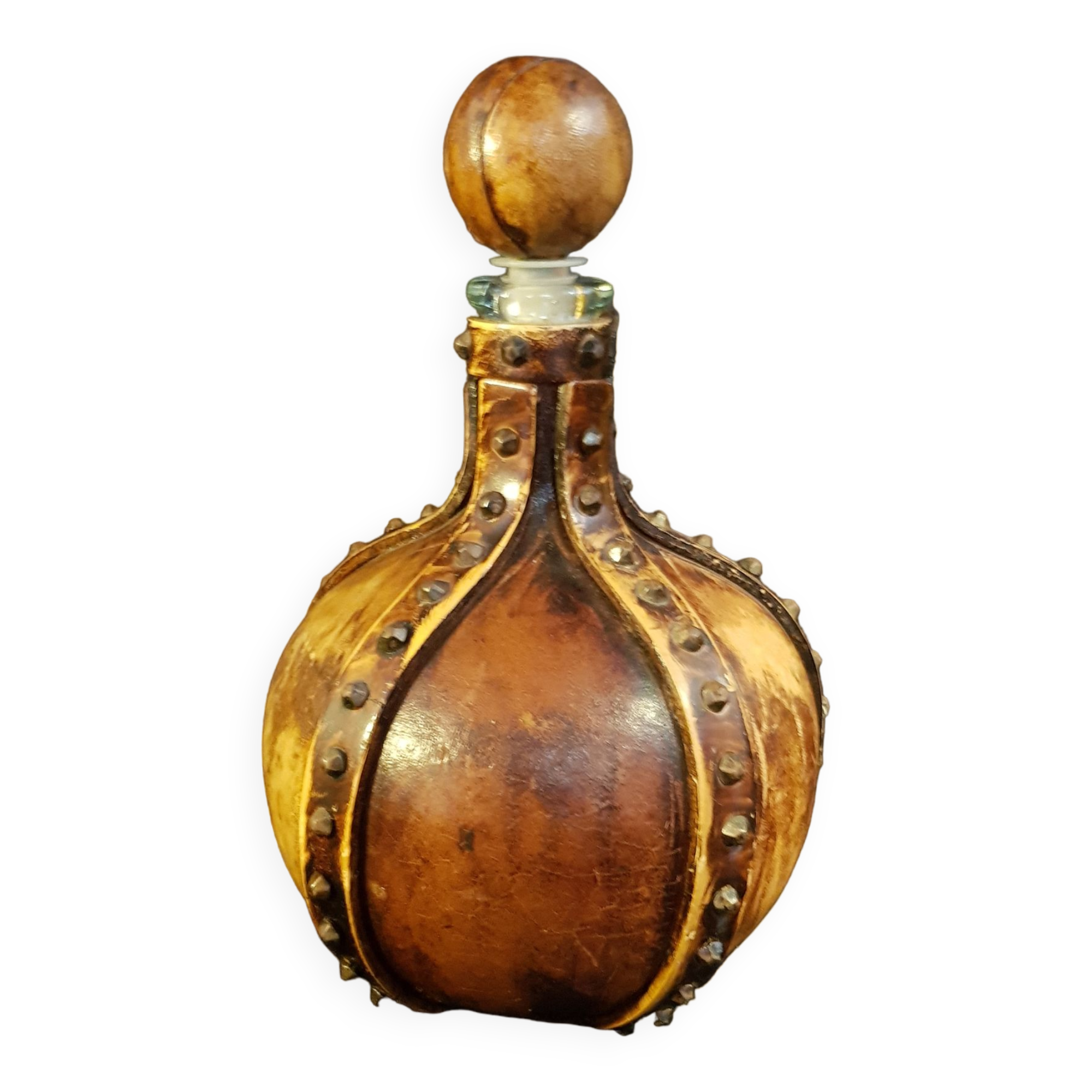 Bouteille En Verre Recouverte De Cuir Marron Avec Blason, Vintage, Vendue Dans L'état