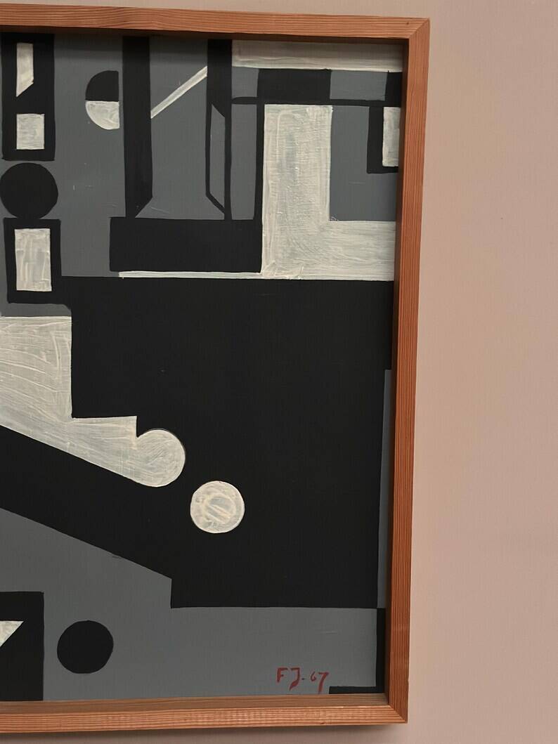 Original Danish Oil on Canvas – “Cultural Revolution in the Passerenden” by Finn Johansen 1967 – Vintage & Framed – 56.5×36.5cm (22.2" × 14.4")