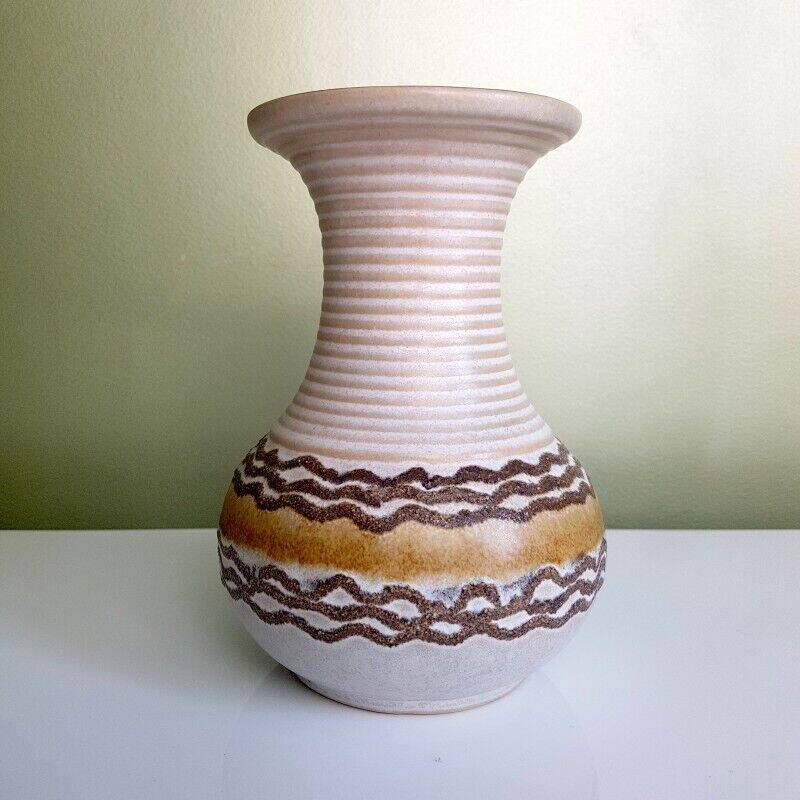 Beige vase ringed neck German ceramic VEB Fat Lava Era
