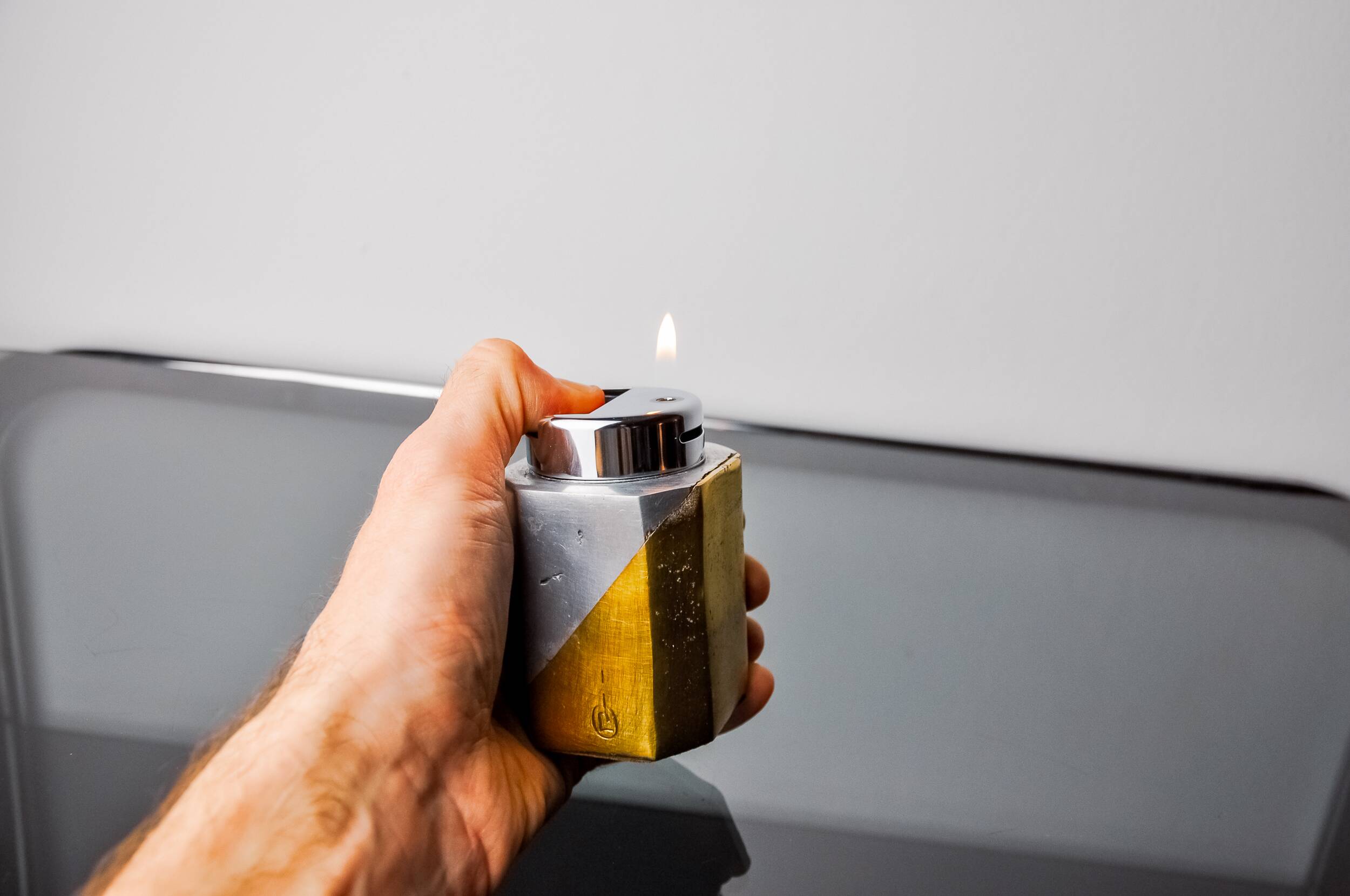 Brutalist lighter by Leopold, Bronze and aluminum, 1970, Spain