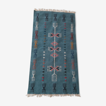 Handmade blue kilim carpet in pure wool 123cm x 67cm