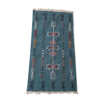 Tapis kilim bleu fait main en pure laine 123cm x 67cm