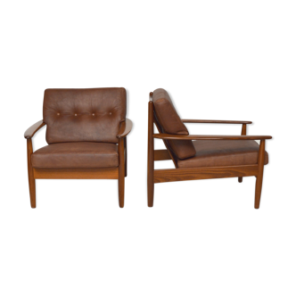 Pair of Danish armchairs in teak and leather, 1960